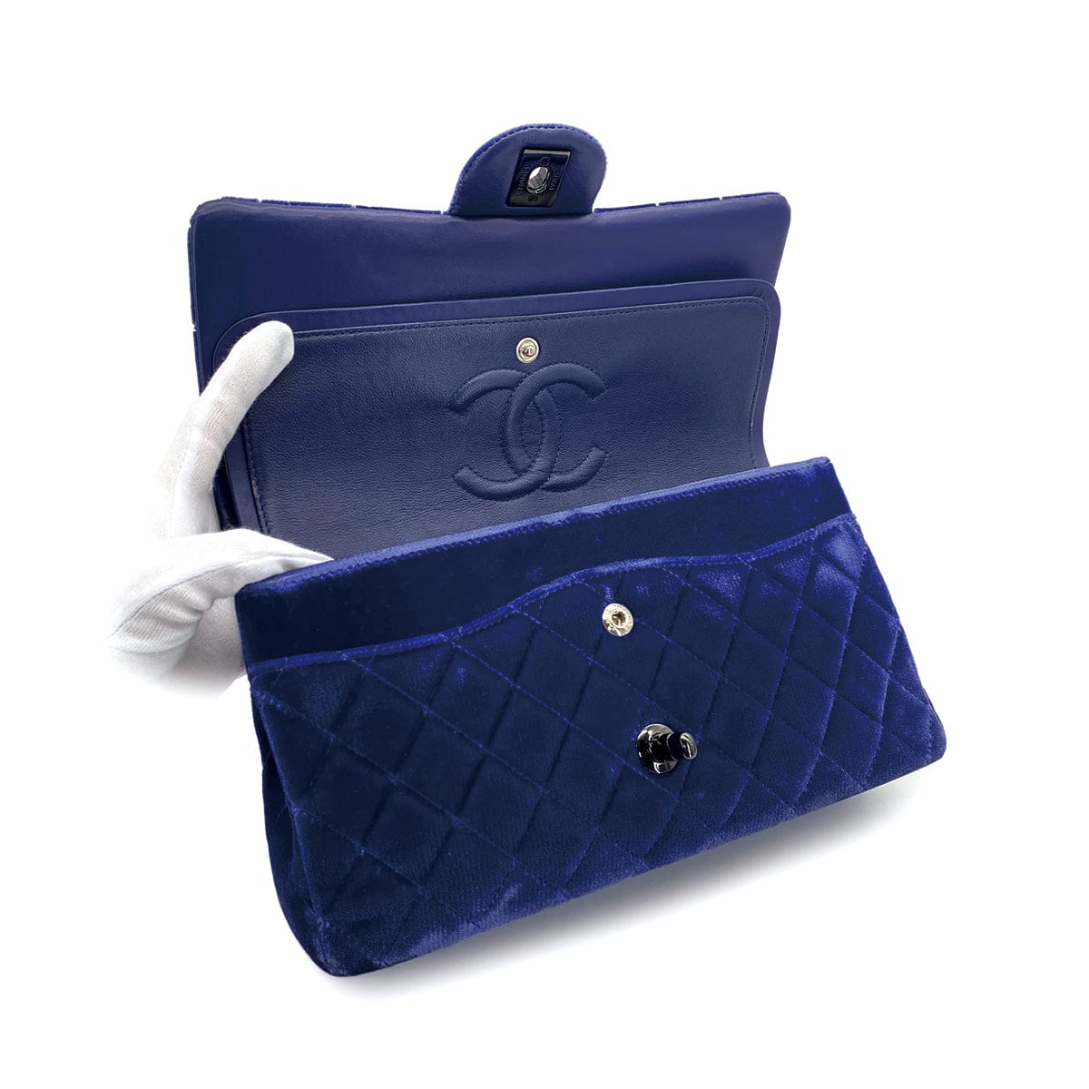 Luxury Promise Japan CHANEL CLASSIC FLAP MEDIUM CHAIN SHOULDER BAG BLUE VELOR BLACK HARDWARE 90311836