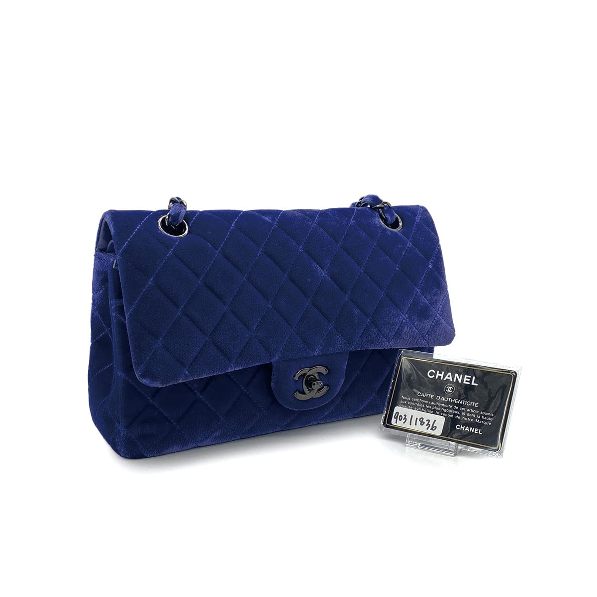 Luxury Promise Japan CHANEL CLASSIC FLAP MEDIUM CHAIN SHOULDER BAG BLUE VELOR BLACK HARDWARE 90311836