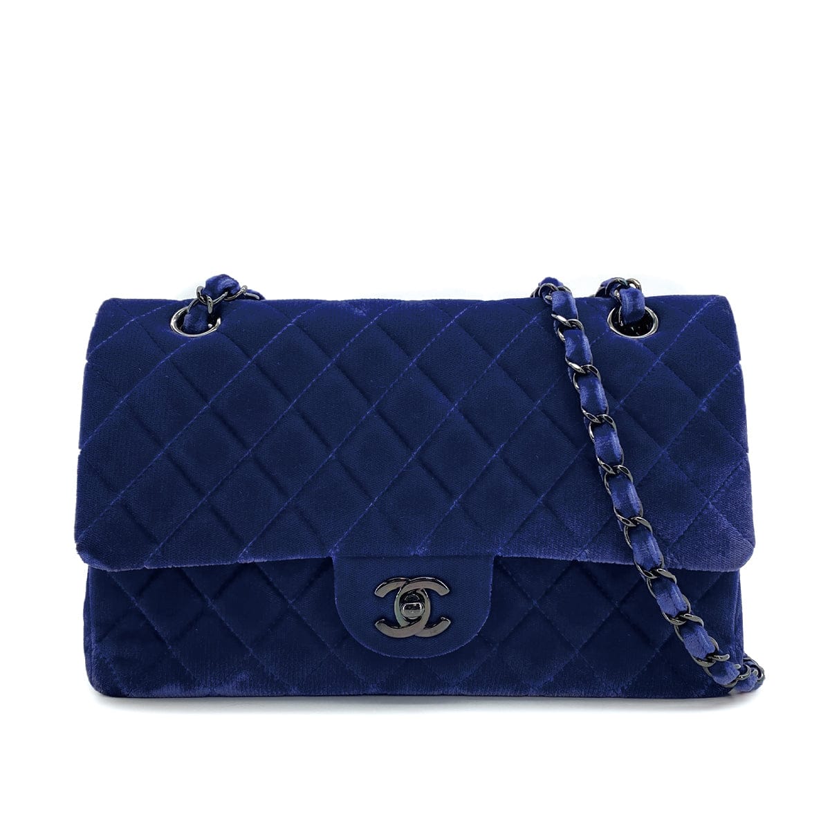 Luxury Promise Japan CHANEL CLASSIC FLAP MEDIUM CHAIN SHOULDER BAG BLUE VELOR BLACK HARDWARE 90311836