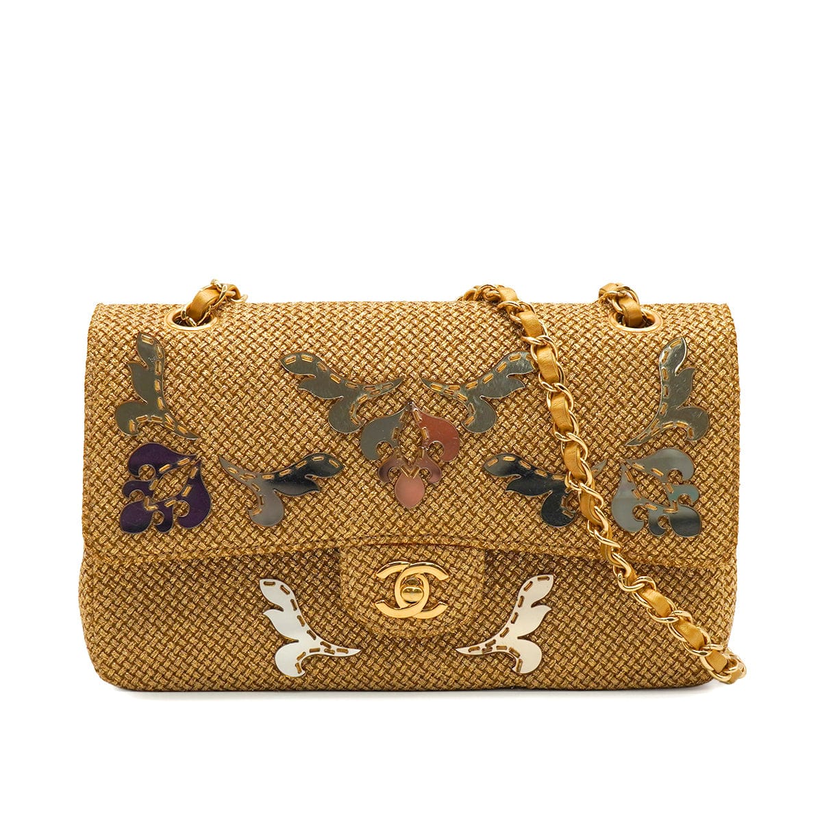Luxury Promise Japan CHANEL CLASSIC FLAP MEDIUM CHAIN SHOULDER BAG RAFFIA MIRROR METALLIC GOLD LAMB SKIN GOLD HARDWARE 90347161