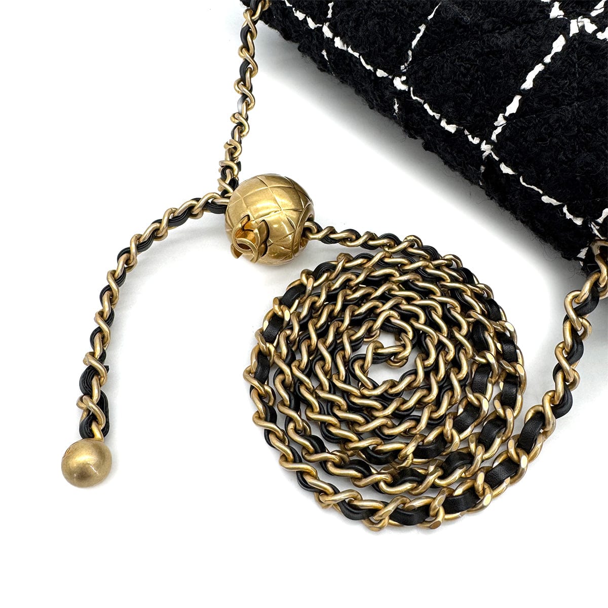 Luxury Promise Japan CHANEL COCO BALL MINI MATELASSE CHAIN SHOULDER BAG BLACK WHITE TWEED GOLD HARDWARE 90318755