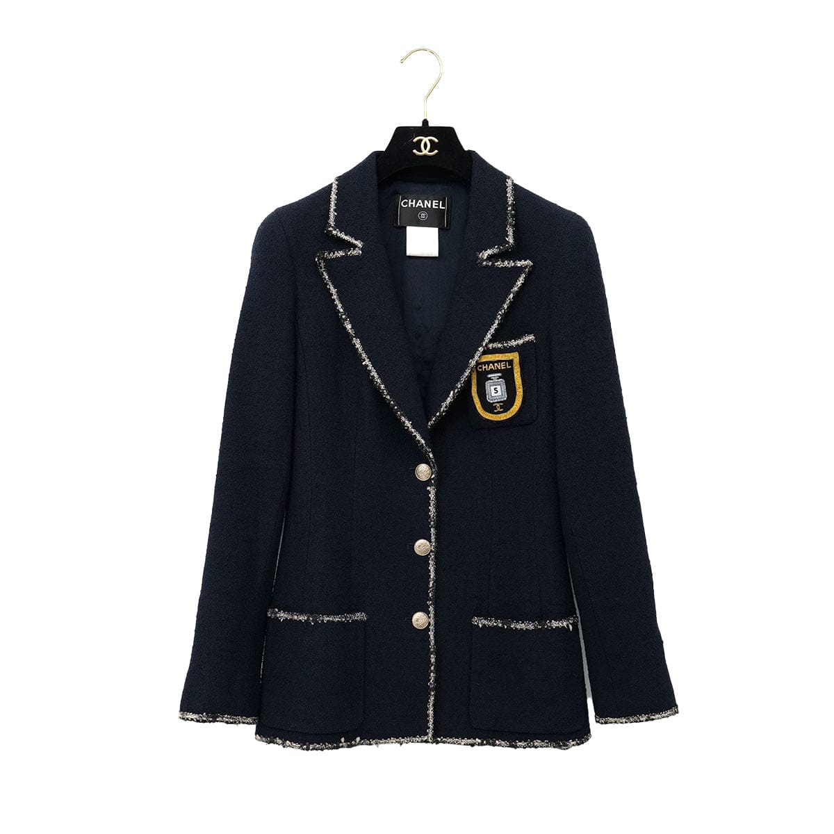 Luxury Promise Japan CHANEL COCO BUTTON NO5 TWEED JACKET NAVY WOOL 38 05C RTW 90305049
