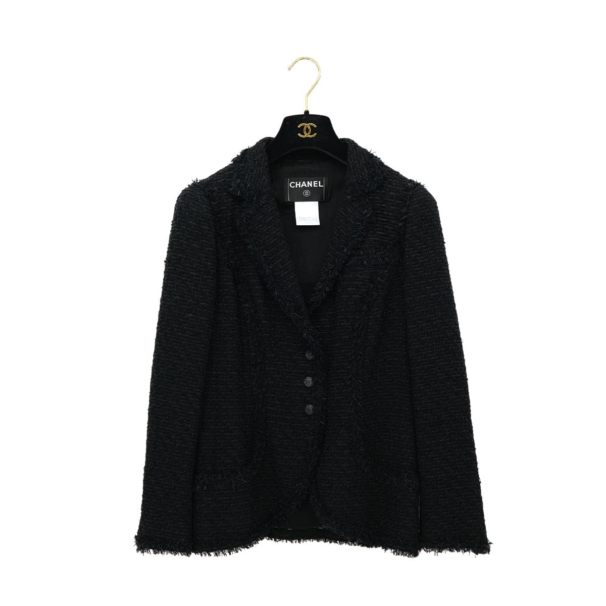 Luxury Promise Japan CHANEL COCO BUTTON TWEED JACKET BLACK NYLON 40 P27 RTW 90311056