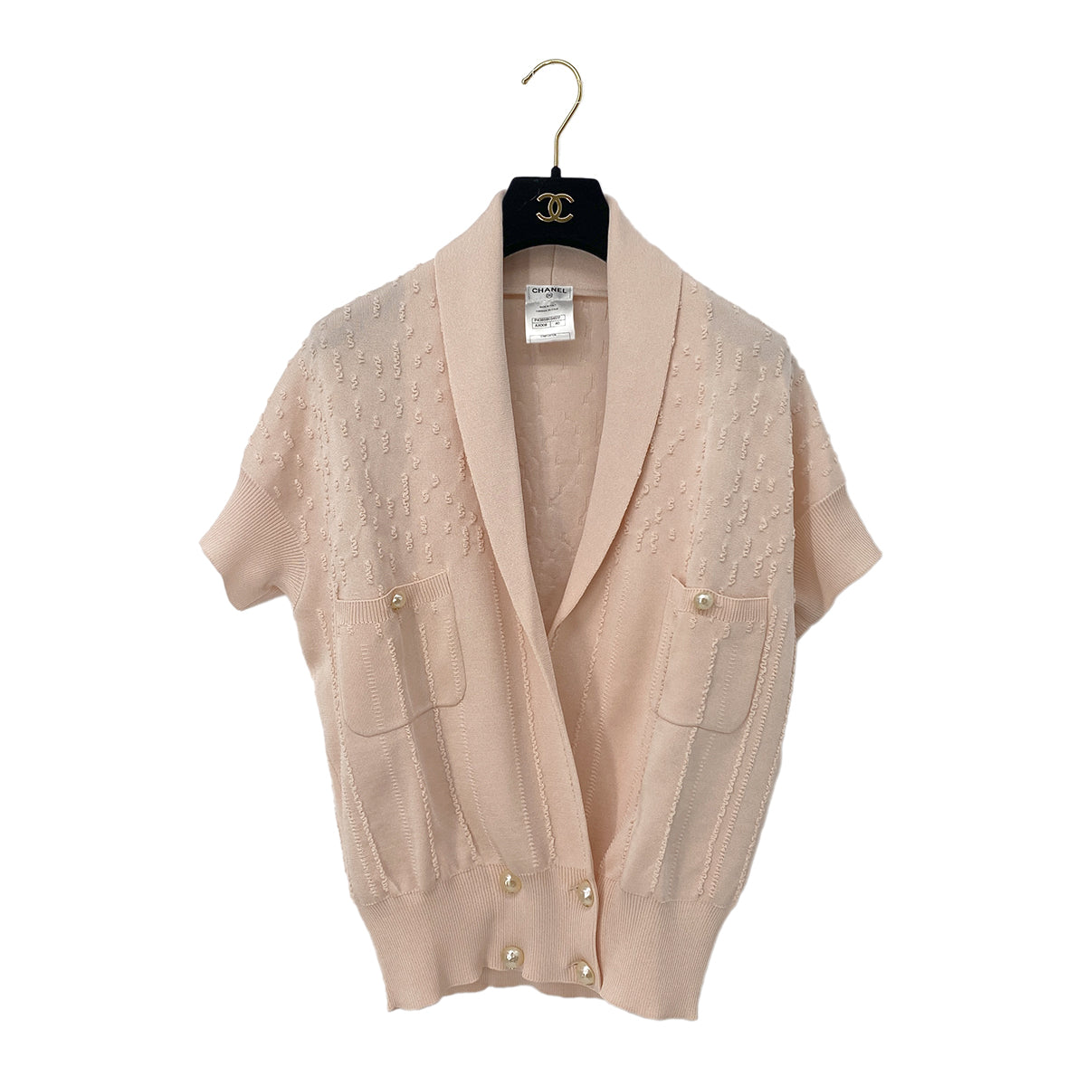 Luxury Promise Japan CHANEL COCO FAUX PEARL BUTTON CARDIGAN PINK RAYON 40 P43 RTW 90287724