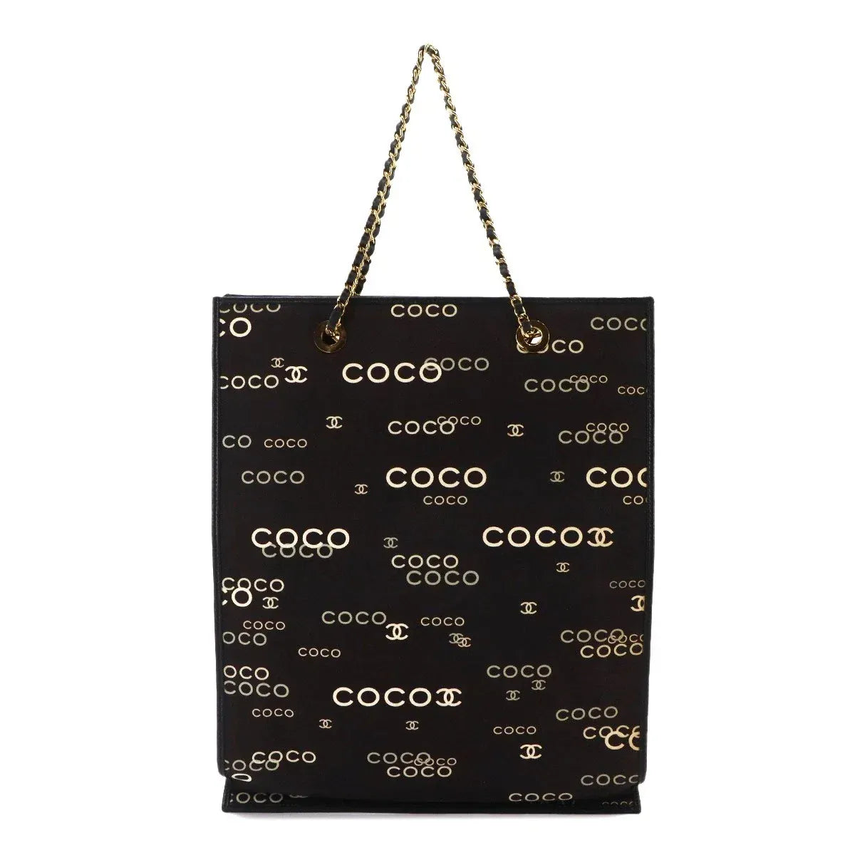 Luxury Promise Japan CHANEL Coco Logos Chain Tote Bag Canvas Leather Black White Vintage 90337769