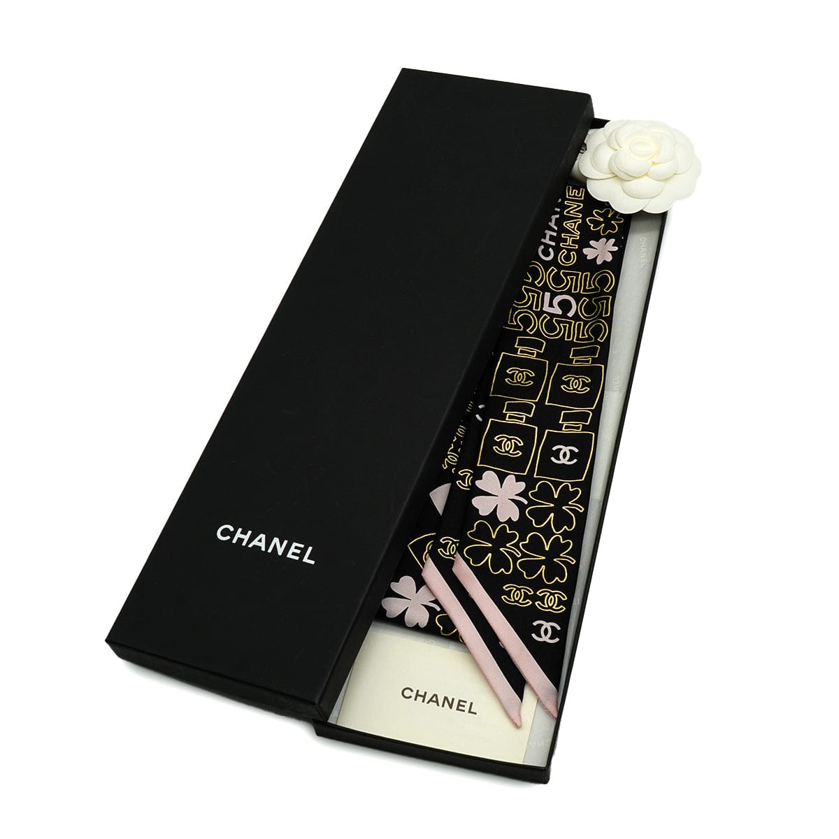 Luxury Promise Japan CHANEL COCO MARK NO.5 LOGO PATTERN SCARF HAIR BAND BLACK SILK ACCESSORY 90343342