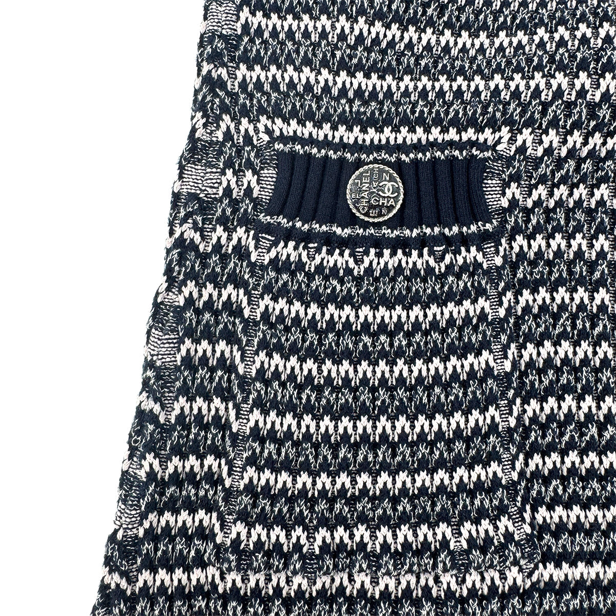 Luxury Promise Japan CHANEL COCOMARK COCO BUTTON HALF SLEEVE JACQUARD DRESS NAVY PINK COTTON 38 P63 RTW 90292124
