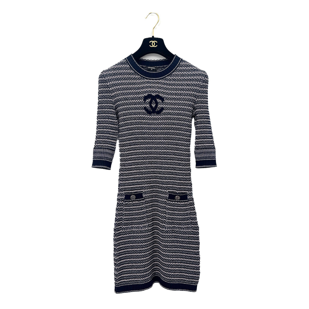 Luxury Promise Japan CHANEL COCOMARK COCO BUTTON HALF SLEEVE JACQUARD DRESS NAVY PINK COTTON 38 P63 RTW 90292124