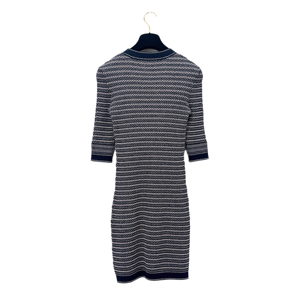 Luxury Promise Japan CHANEL COCOMARK COCO BUTTON HALF SLEEVE JACQUARD DRESS NAVY PINK COTTON 38 P63 RTW 90292124