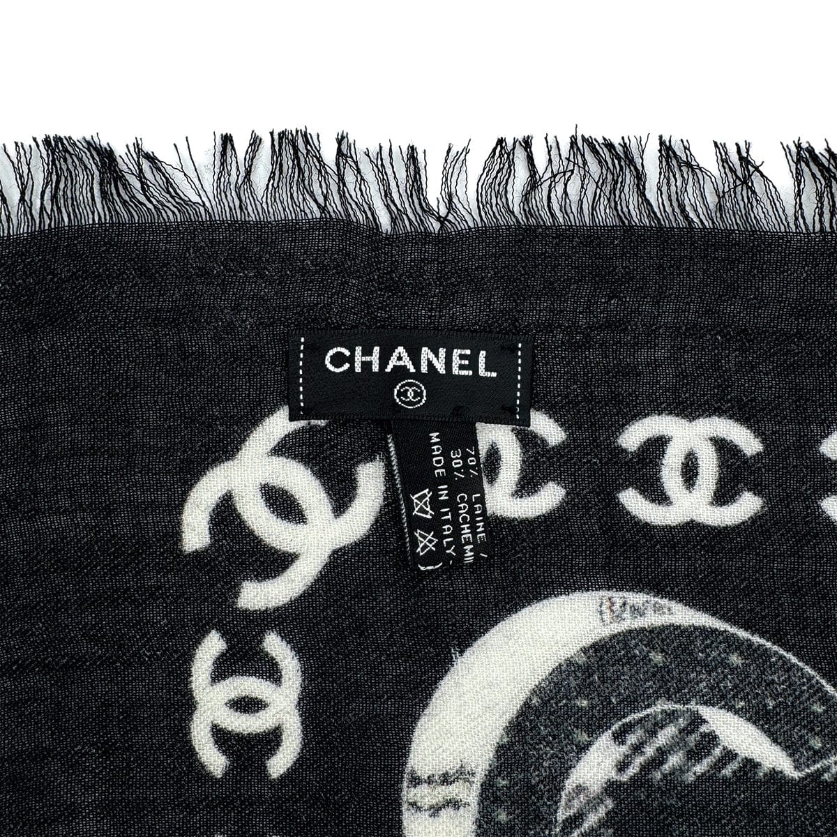 Luxury Promise Japan CHANEL COCOMARK LOGO STOLE BLACK WHITE WOOL CASHMERE ACCESSORY 90312003