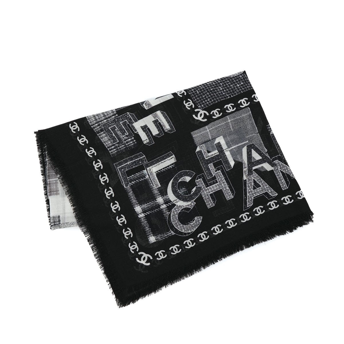 Luxury Promise Japan CHANEL COCOMARK LOGO STOLE BLACK WHITE WOOL CASHMERE ACCESSORY 90312003
