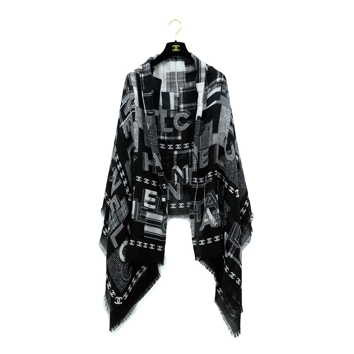 Luxury Promise Japan CHANEL COCOMARK LOGO STOLE BLACK WHITE WOOL CASHMERE ACCESSORY 90312003