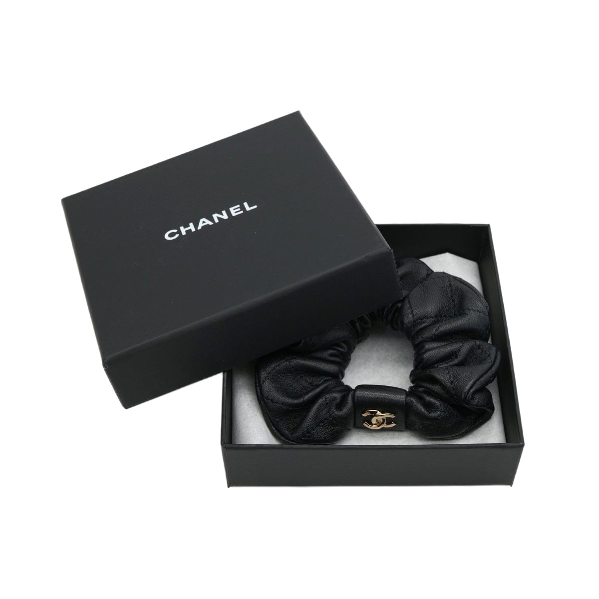 Luxury Promise Japan CHANEL COCOMARK SCRUNCHIE BLACK GOLD LEATHER HAIR ACCESSORY A21K 90321170