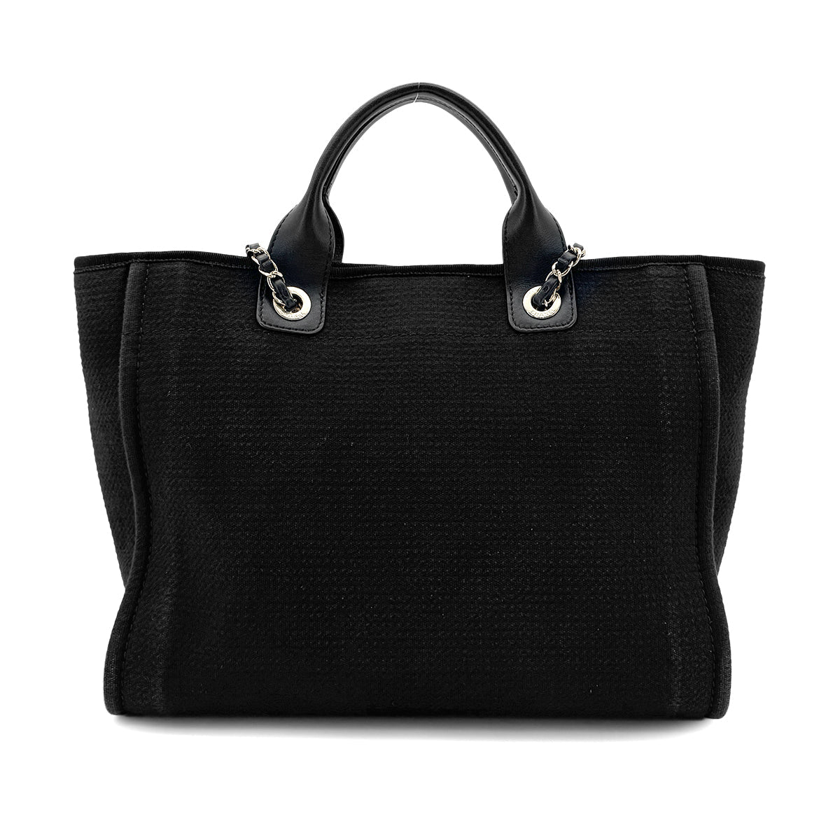 Luxury Promise Japan CHANEL DEAUVILLE MM CHAIN TOTE BAG BLACK CANVAS LEATHER 90300006
