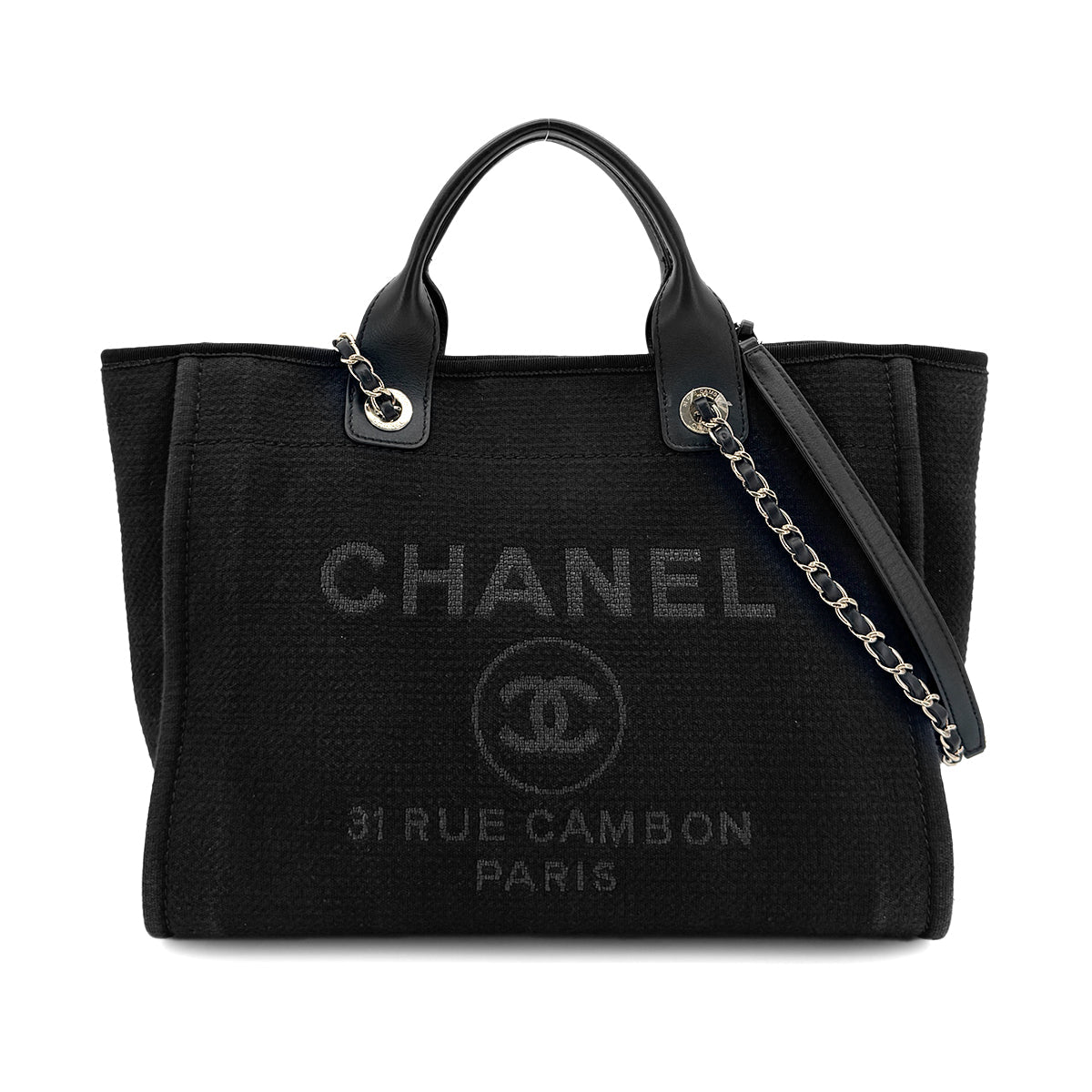 Luxury Promise Japan CHANEL DEAUVILLE MM CHAIN TOTE BAG BLACK CANVAS LEATHER 90300006