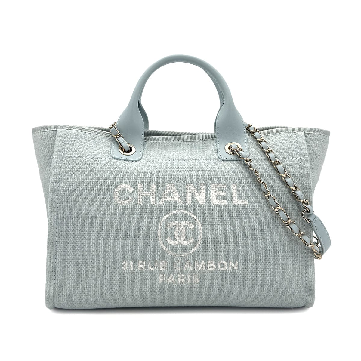 Luxury Promise Japan CHANEL DEAUVILLE MM CHAIN TOTE BAG LIGHT BLUE CANVAS LEATHER 90299536