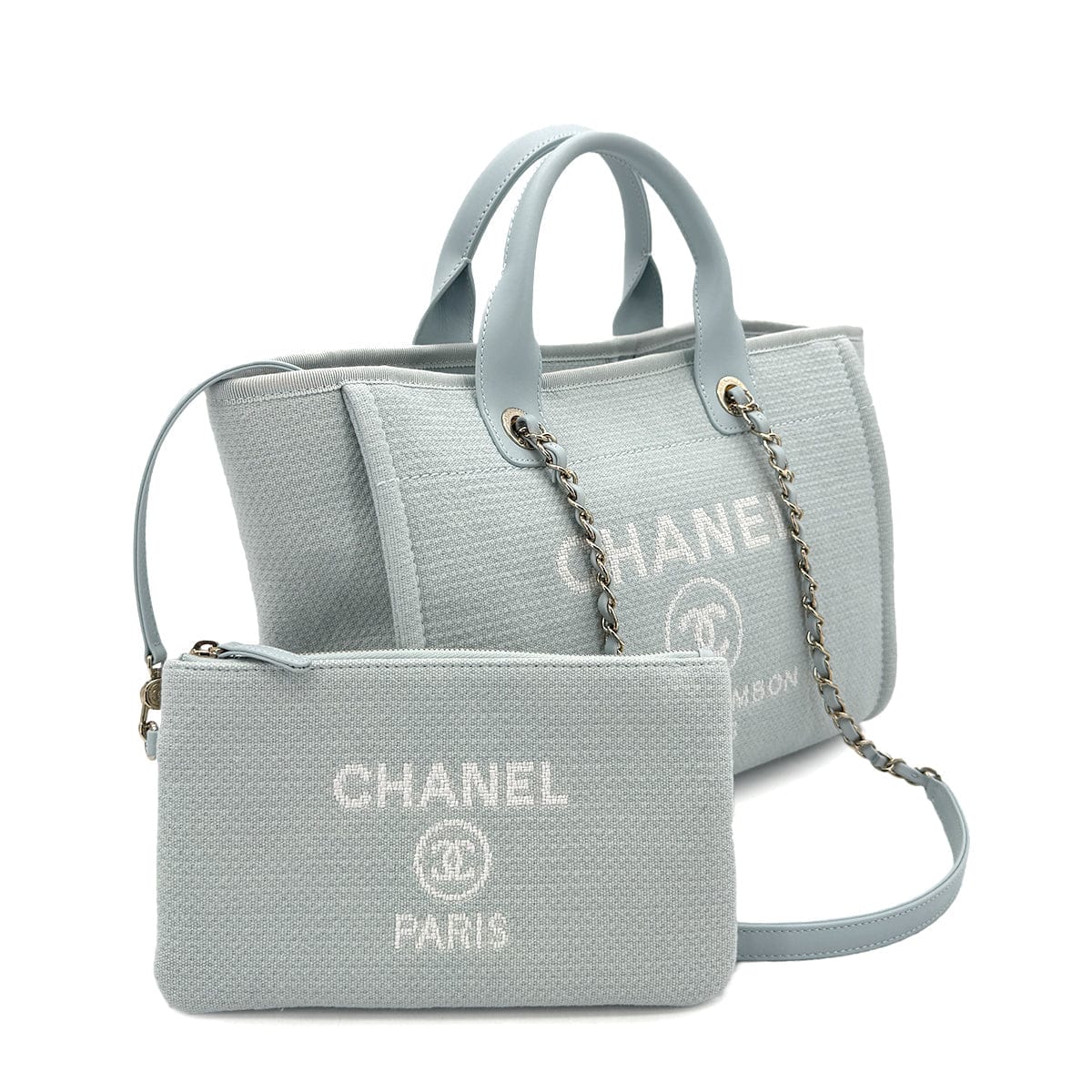 Luxury Promise Japan CHANEL DEAUVILLE MM CHAIN TOTE BAG LIGHT BLUE CANVAS LEATHER 90299536