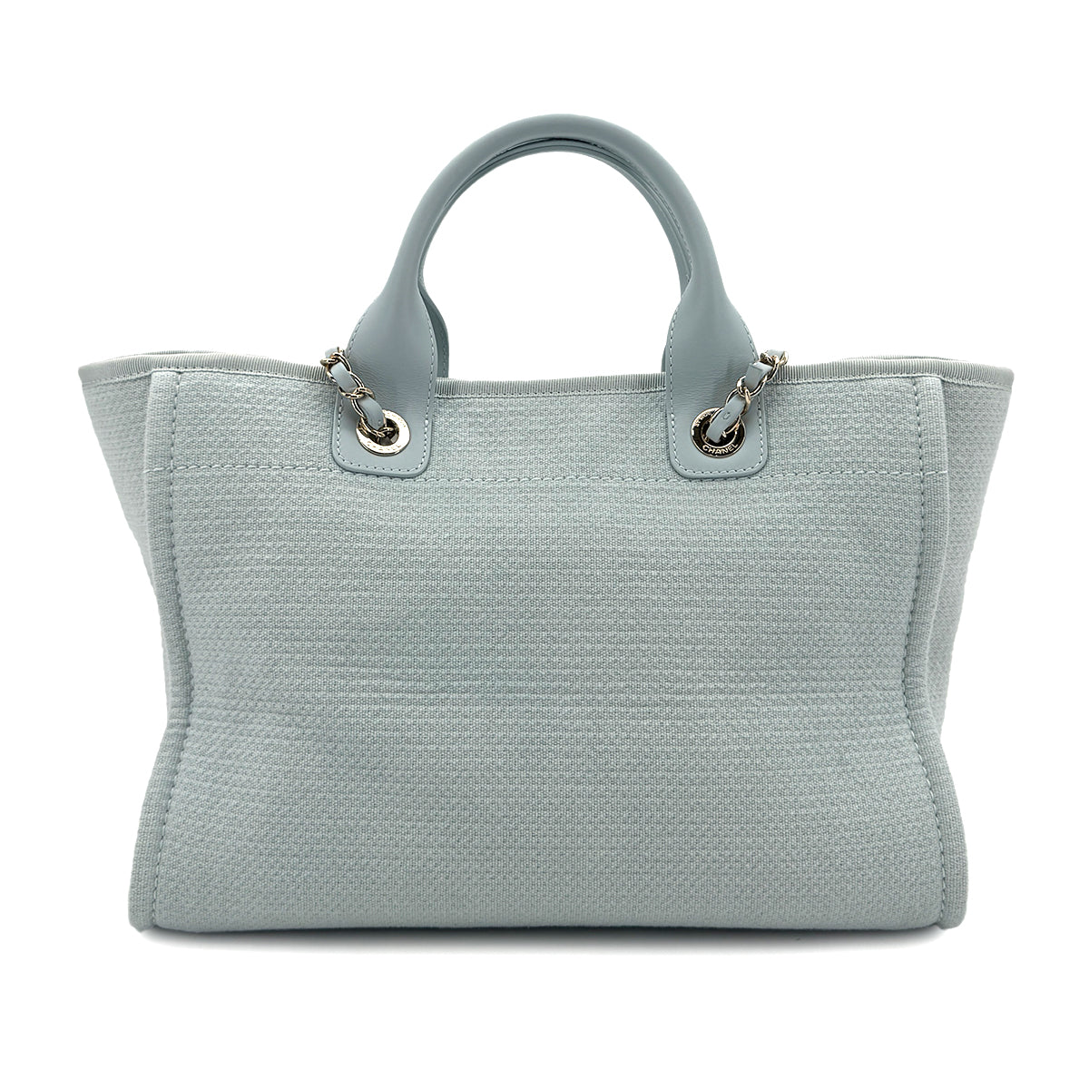 Luxury Promise Japan CHANEL DEAUVILLE MM CHAIN TOTE BAG LIGHT BLUE CANVAS LEATHER 90299536
