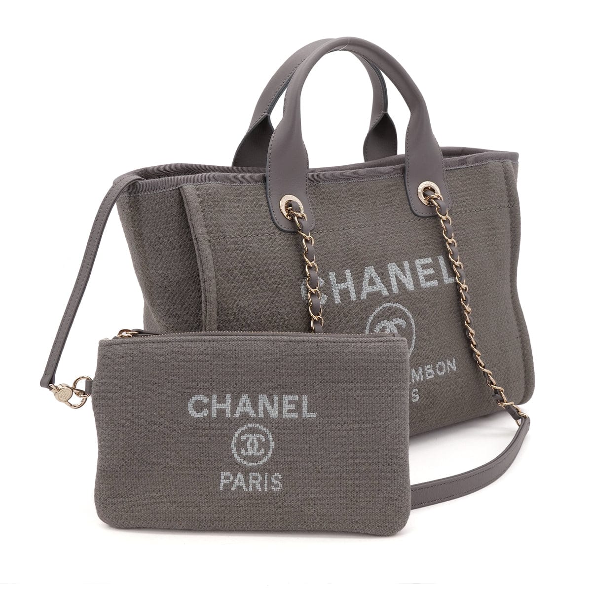 Luxury Promise Japan CHANEL DEAUVILLE MM LOGO CHAIN TOTE BAG GRAY CANVAS LEATHER 90303733