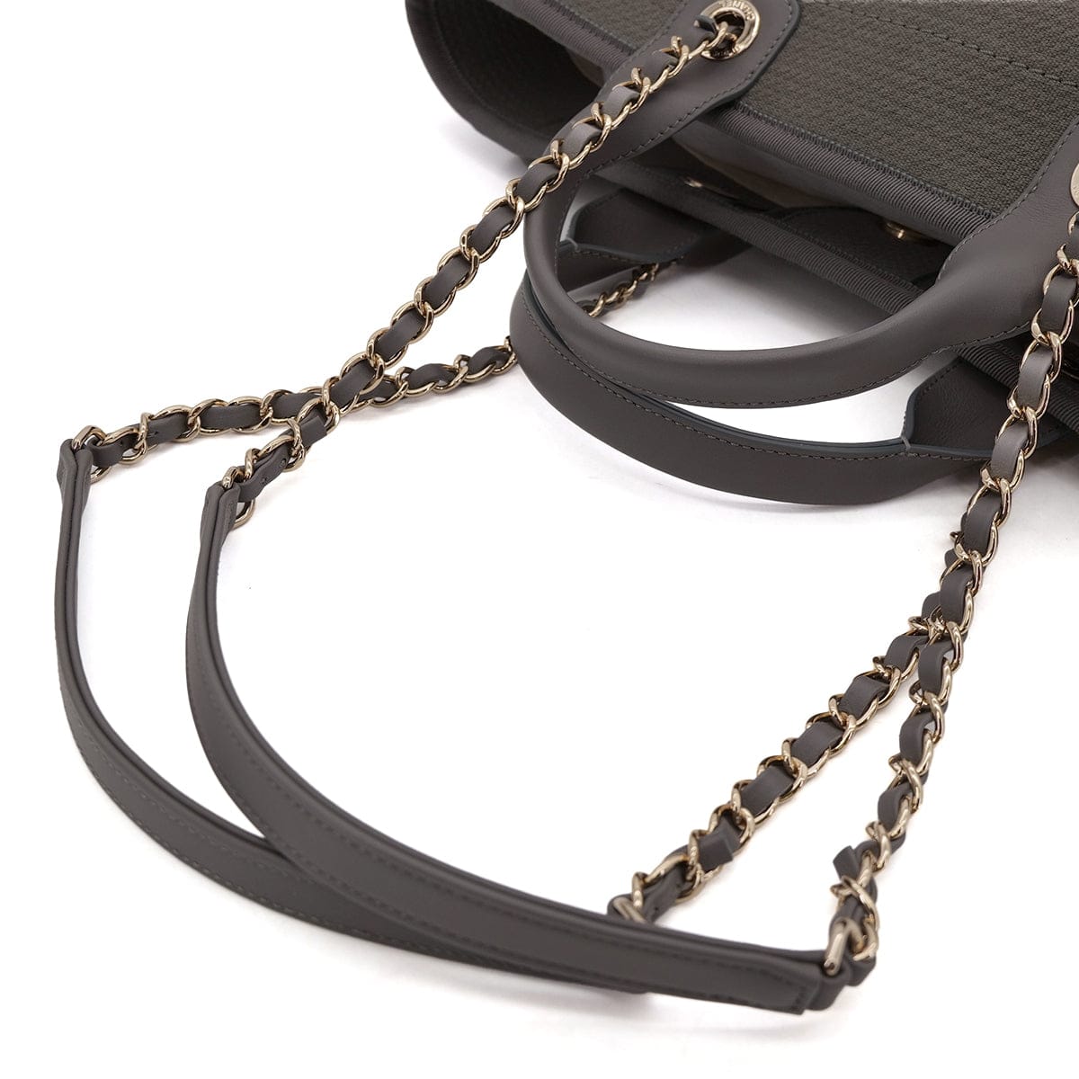Luxury Promise Japan CHANEL DEAUVILLE MM LOGO CHAIN TOTE BAG GRAY CANVAS LEATHER 90303733