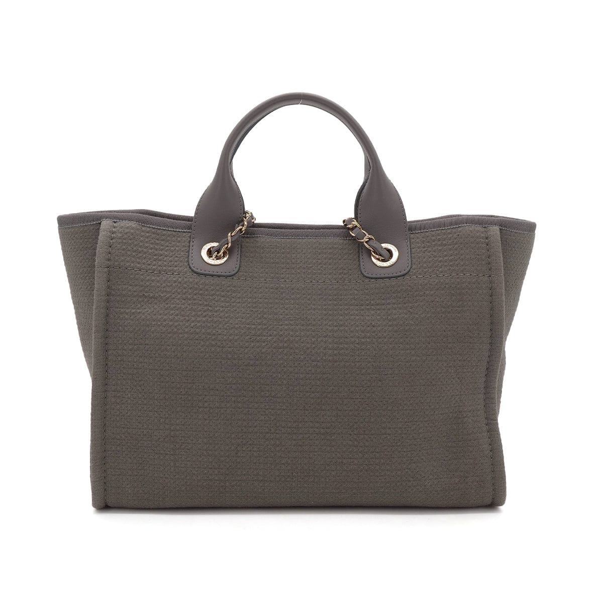 Luxury Promise Japan CHANEL DEAUVILLE MM LOGO CHAIN TOTE BAG GRAY CANVAS LEATHER 90303733