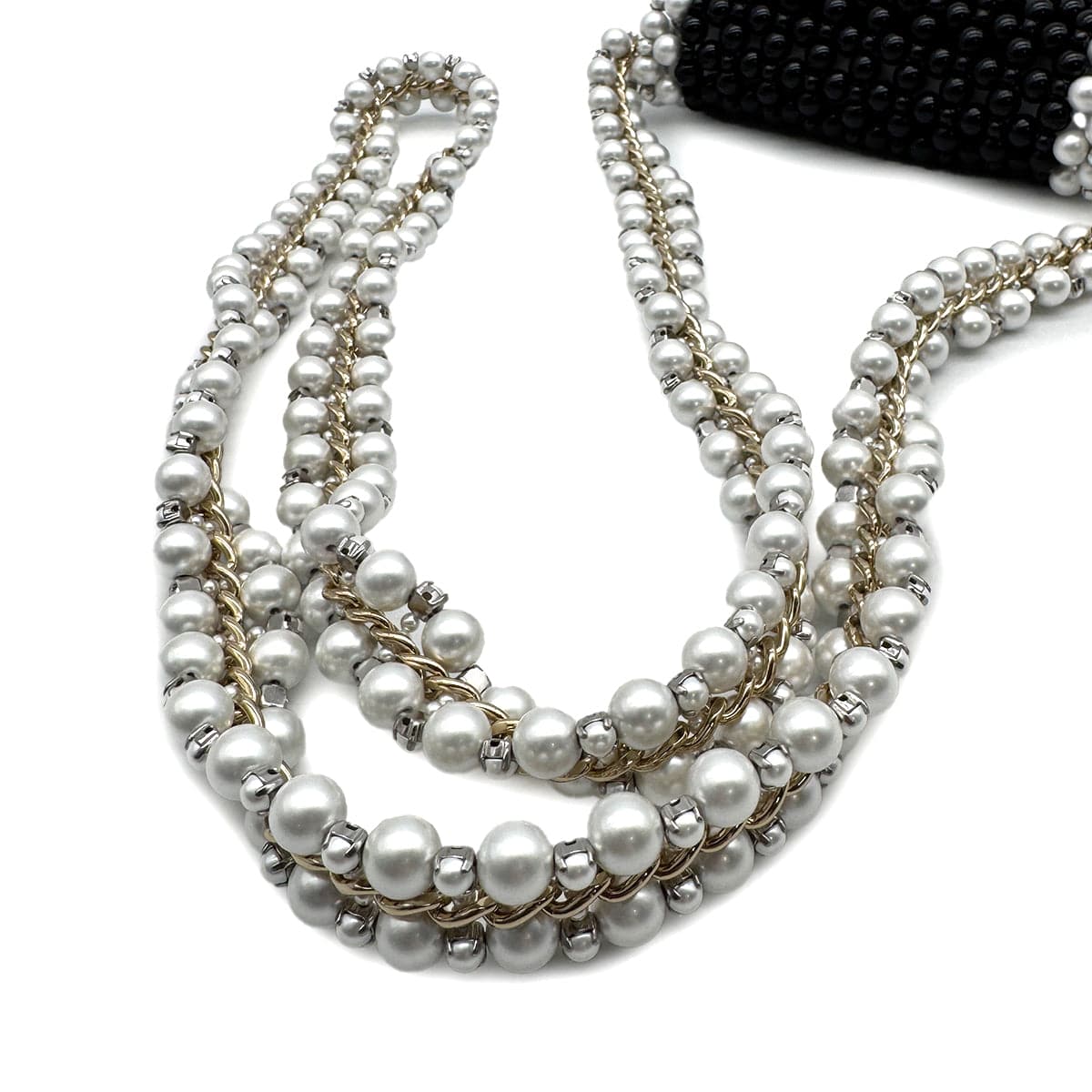 Luxury Promise Japan CHANEL FAUX PEARL CHAIN SHOULDER BAG WHITE BLACK GOLD HARDWARE 90317003
