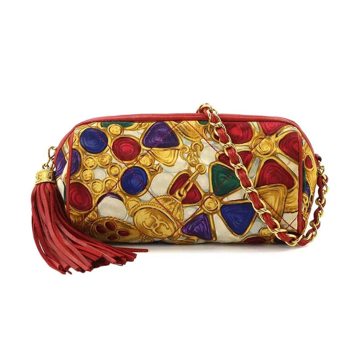 Luxury Promise Japan CHANEL Fringe Chain Shoulder Bag Satin Leather Red Multicolor Vintage 90336772