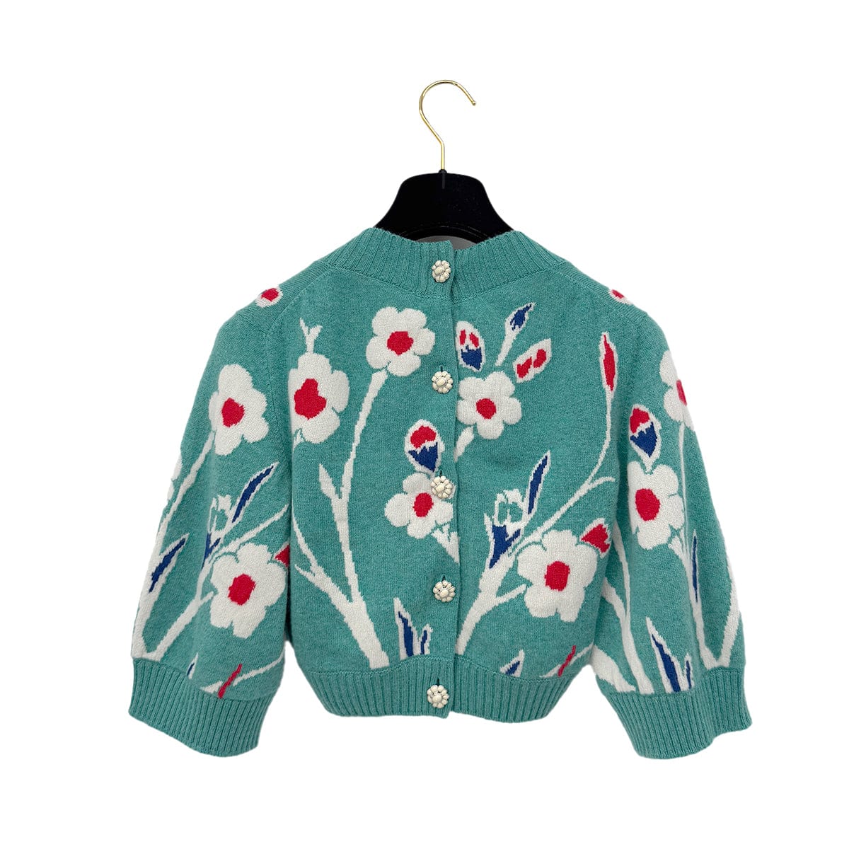 Luxury Promise Japan CHANEL GRPOIX BUTTON FLOWER MOTIF CARDIGAN TURQUOISE CASHMERE 38 P50 RTW 90290325
