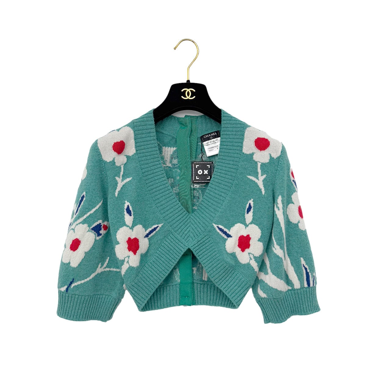 Luxury Promise Japan CHANEL GRPOIX BUTTON FLOWER MOTIF CARDIGAN TURQUOISE CASHMERE 38 P50 RTW 90290325
