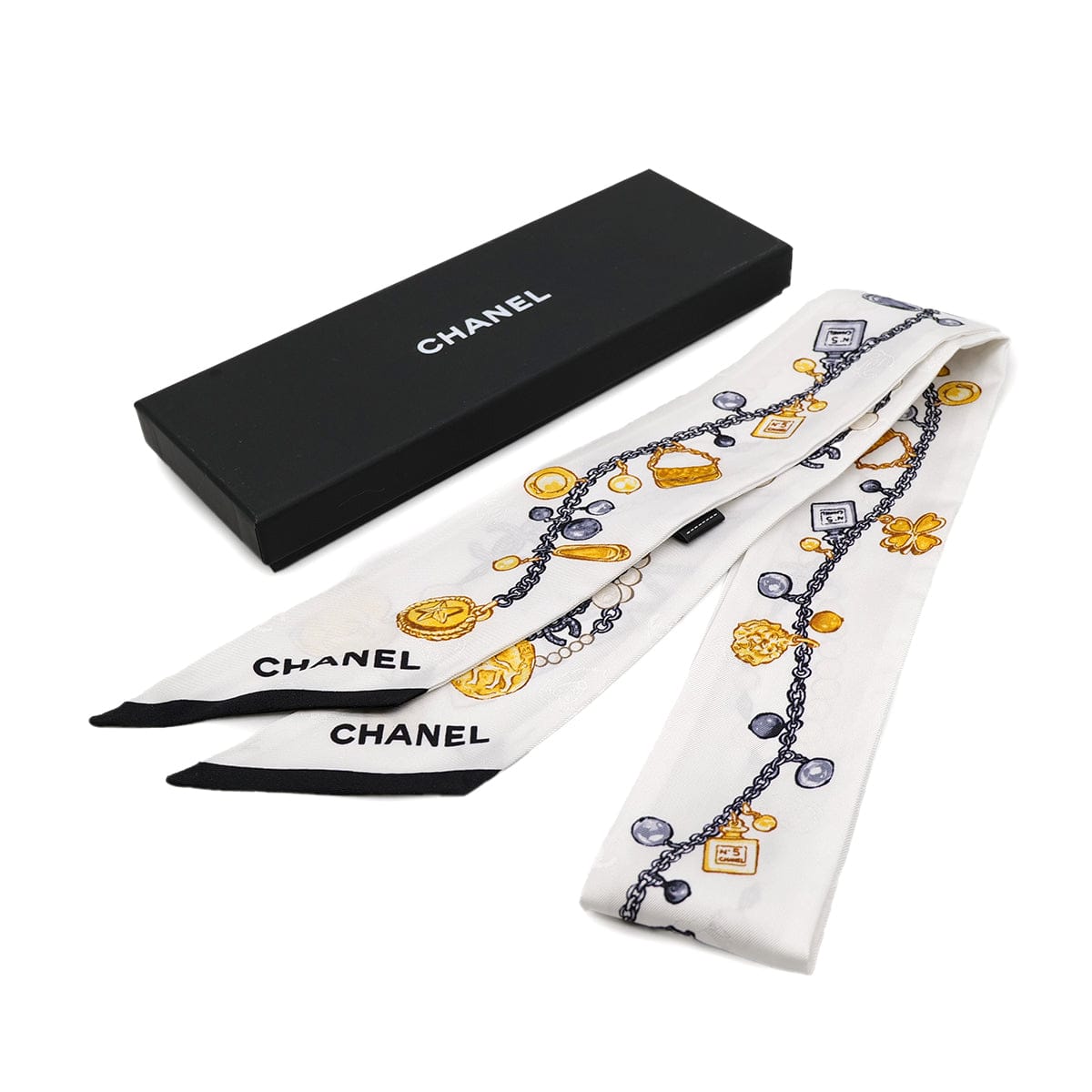 Luxury Promise Japan CHANEL LOGO CHARM PATTERN SCARF HAIR BAND WHITE SILK ACCESSORY 90324790