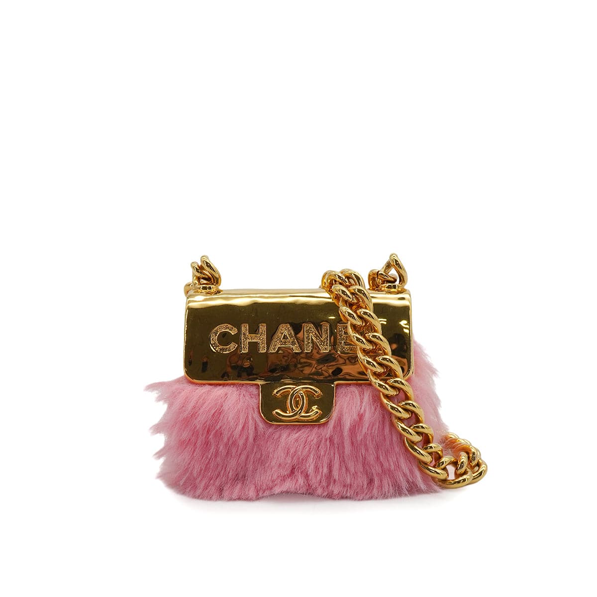 Luxury Promise Japan CHANEL LOGO METAL BAG NECKLACE PINK FAUX FUR GOLD HARDWARE B24C 90344801