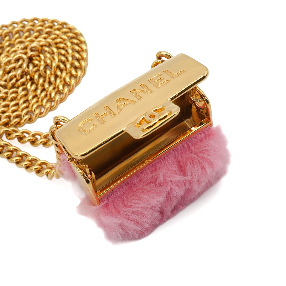 Luxury Promise Japan CHANEL LOGO METAL BAG NECKLACE PINK FAUX FUR GOLD HARDWARE B24C 90344801