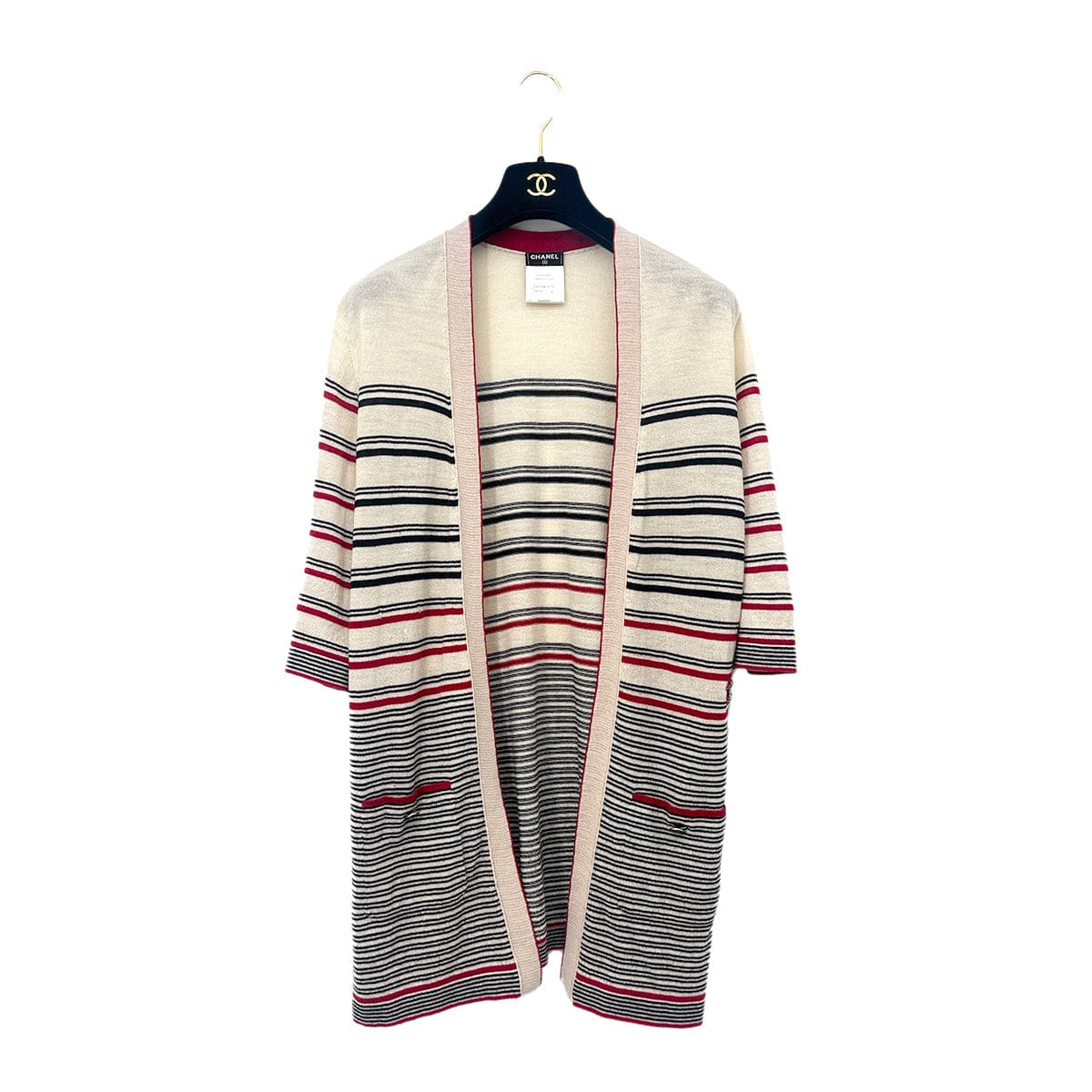 Luxury Promise Japan CHANEL LONG CARDIGAN BORDER PATTERN BEIGE RED BLACK WOOL 38 P45 RTW 90284016