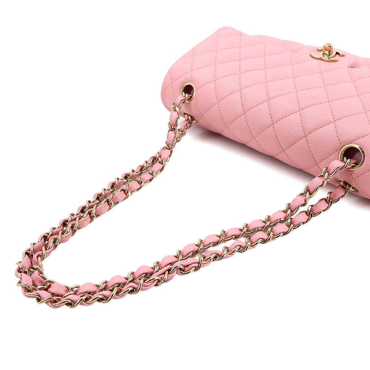 Luxury Promise Japan CHANEL Matelasse 25 Chain Shoulder Bag in Pink Caviar Leather (A01112) with Gold Hardware and Coco Mark. Product Code: 90300332.