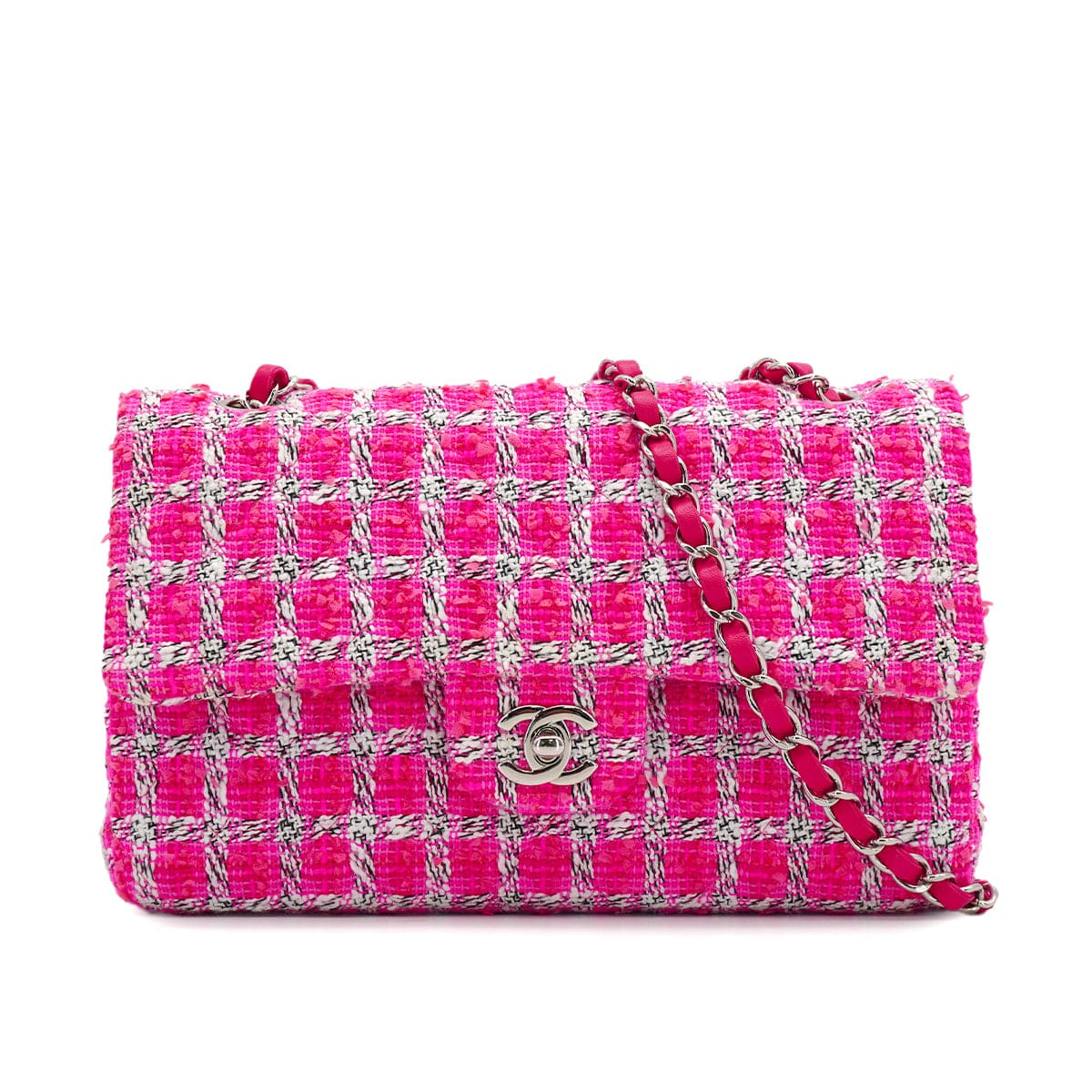 Luxury Promise Japan CHANEL MATELASSE CHAIN SHOULDER BAG PINK TWEED SILVER HARDWARE 90335041