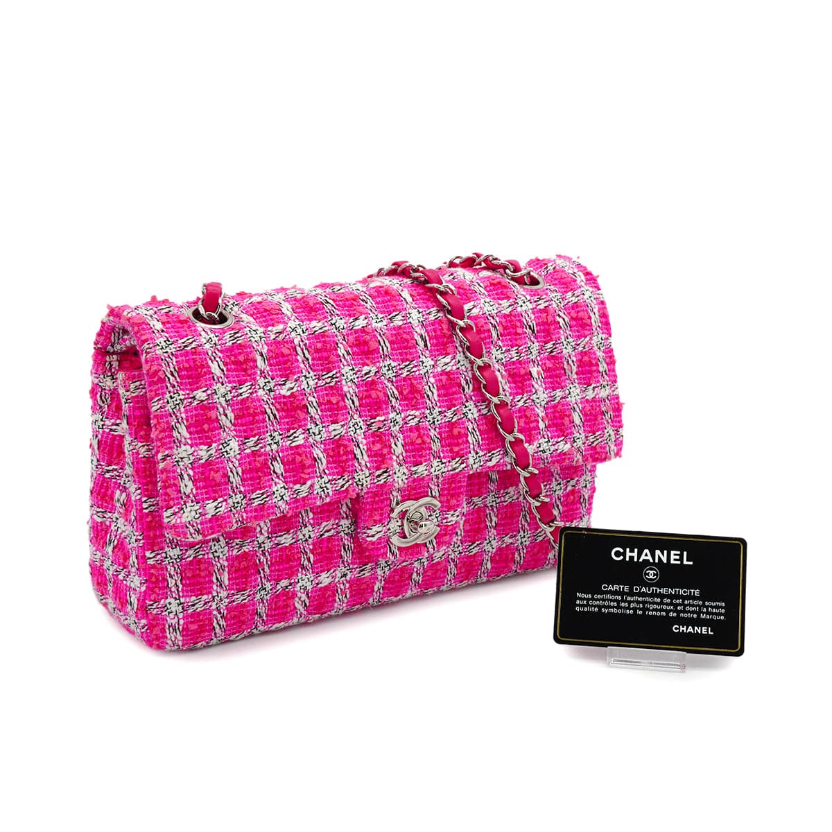 Luxury Promise Japan CHANEL MATELASSE CHAIN SHOULDER BAG PINK TWEED SILVER HARDWARE 90335041