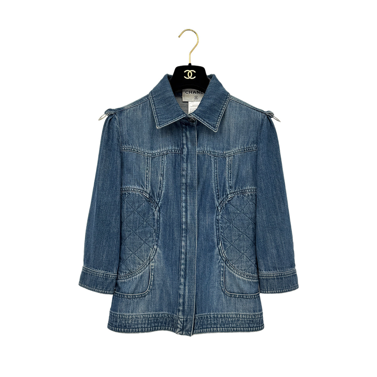 Luxury Promise Japan CHANEL MATELASSE COCO BUTTON DENIM ZIP UP JACKET BLUE COTTON 38 08P RTW 90290217