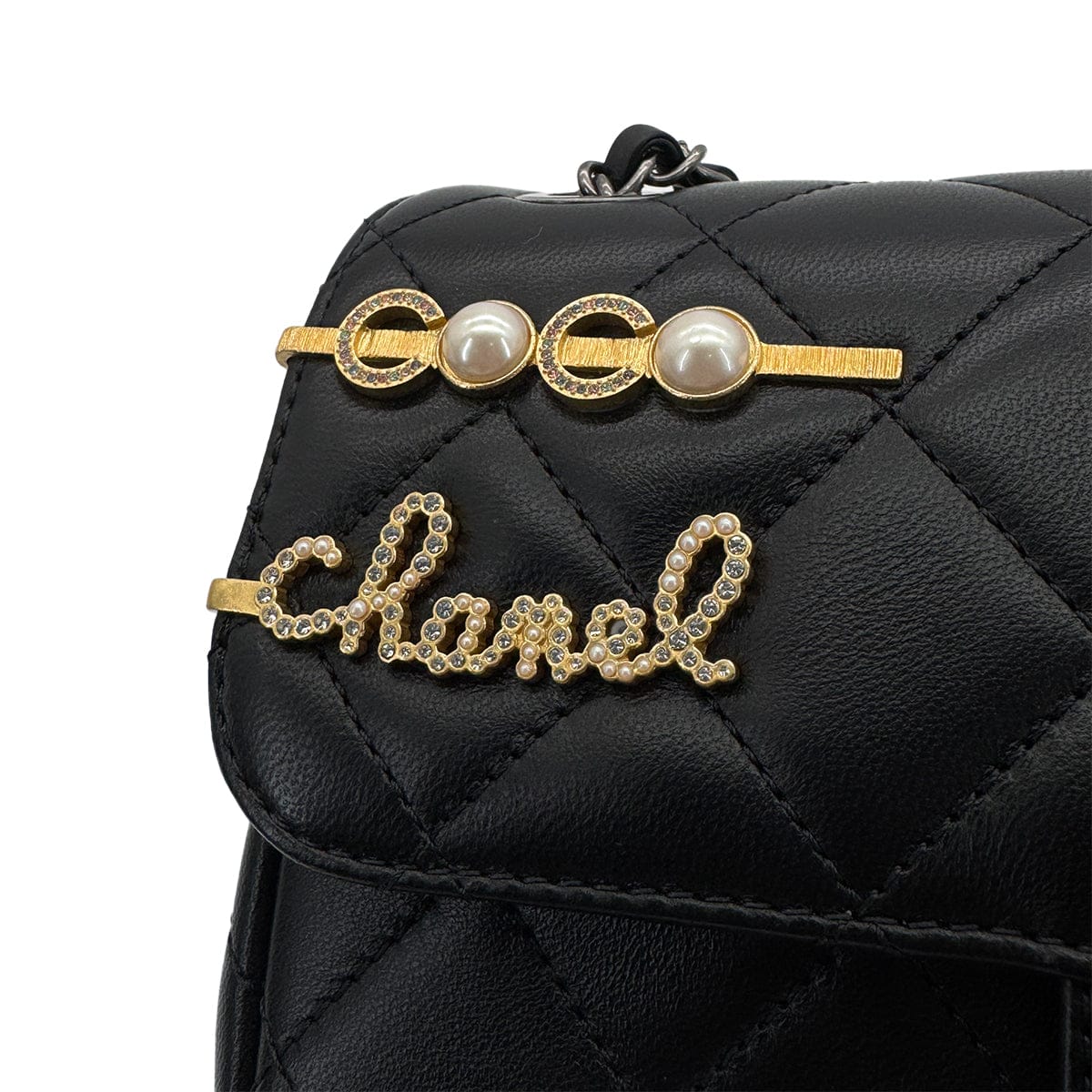 Luxury Promise Japan CHANEL MATELASSE COCO CLIPS CHAIN SHOULDER BAG RHINESTONE FAUX PEARL BLACK LAMB SKIN GOLD HARDWARE 90324131