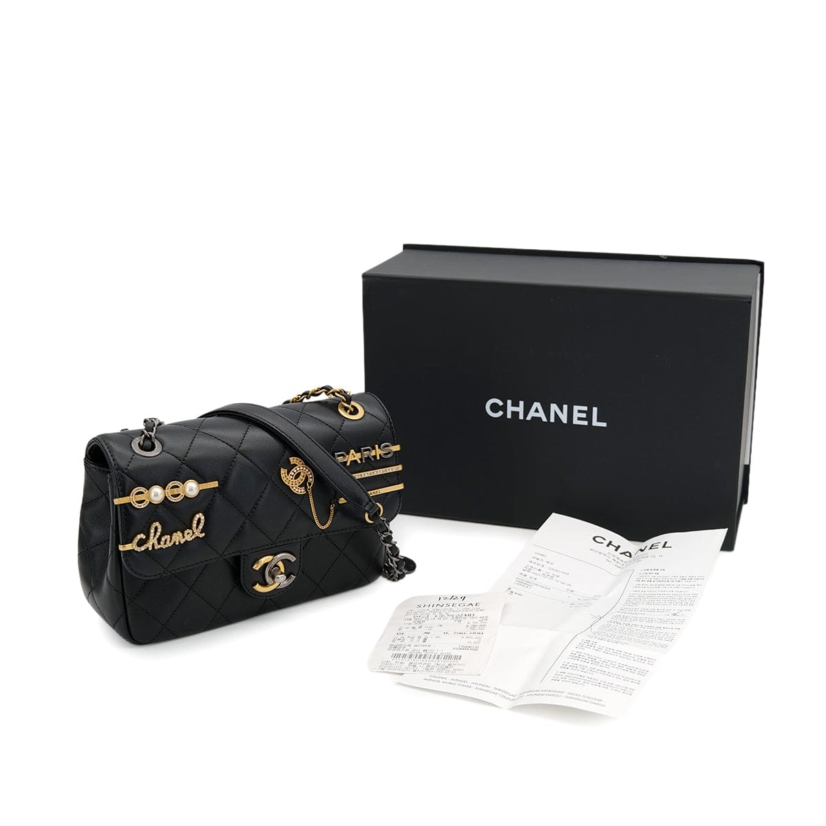 Luxury Promise Japan CHANEL MATELASSE COCO CLIPS CHAIN SHOULDER BAG RHINESTONE FAUX PEARL BLACK LAMB SKIN GOLD HARDWARE 90324131