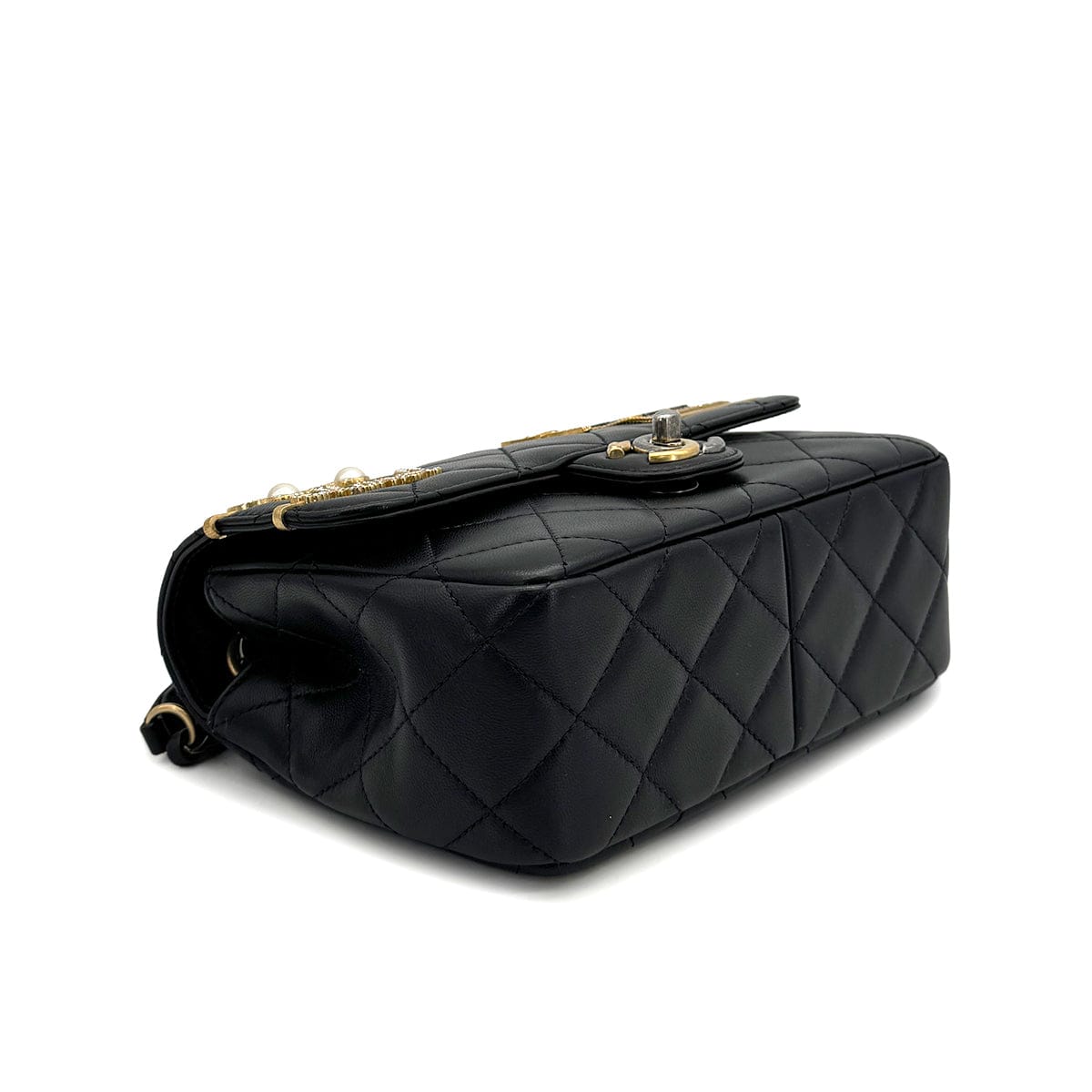 Luxury Promise Japan CHANEL MATELASSE COCO CLIPS CHAIN SHOULDER BAG RHINESTONE FAUX PEARL BLACK LAMB SKIN GOLD HARDWARE 90324131