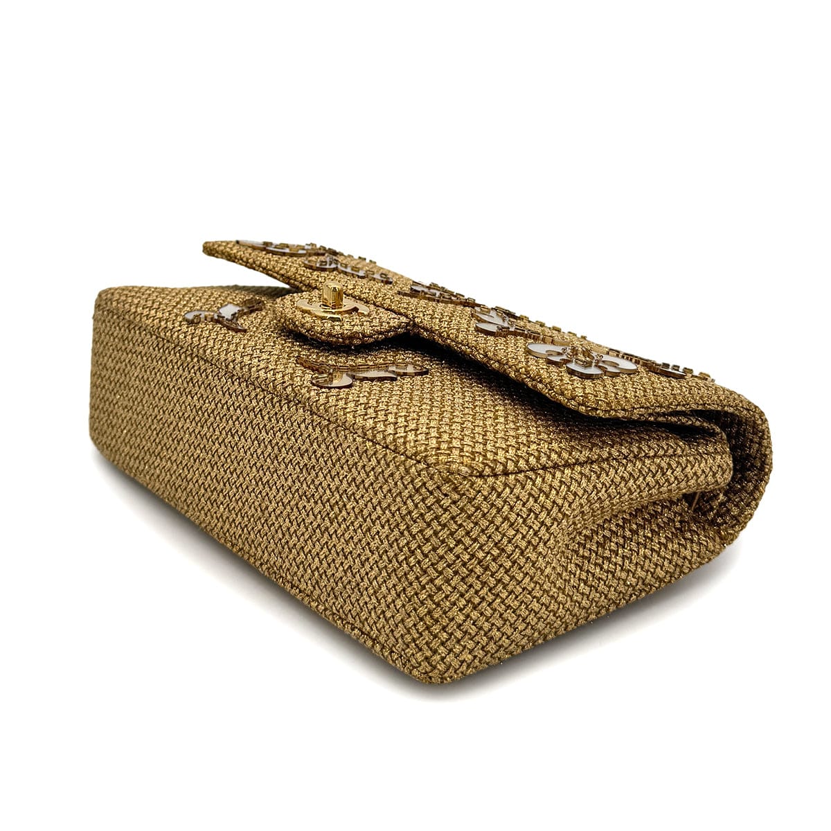 Luxury Promise Japan CHANEL MATELASSE FLORAL MOTIF MIRROR CRUISE COLLECTION CHAIN SHOULDER BAG GOLD EMBELLISHED RAFFIA 90294979