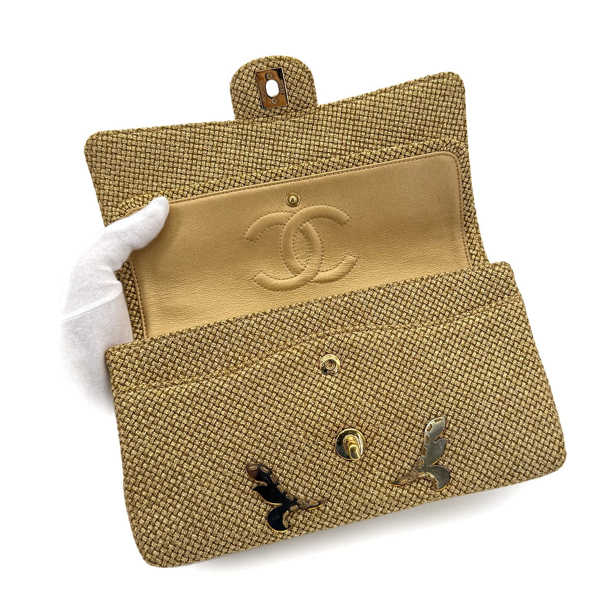 Luxury Promise Japan CHANEL MATELASSE FLORAL MOTIF MIRROR CRUISE COLLECTION CHAIN SHOULDER BAG GOLD EMBELLISHED RAFFIA 90294979