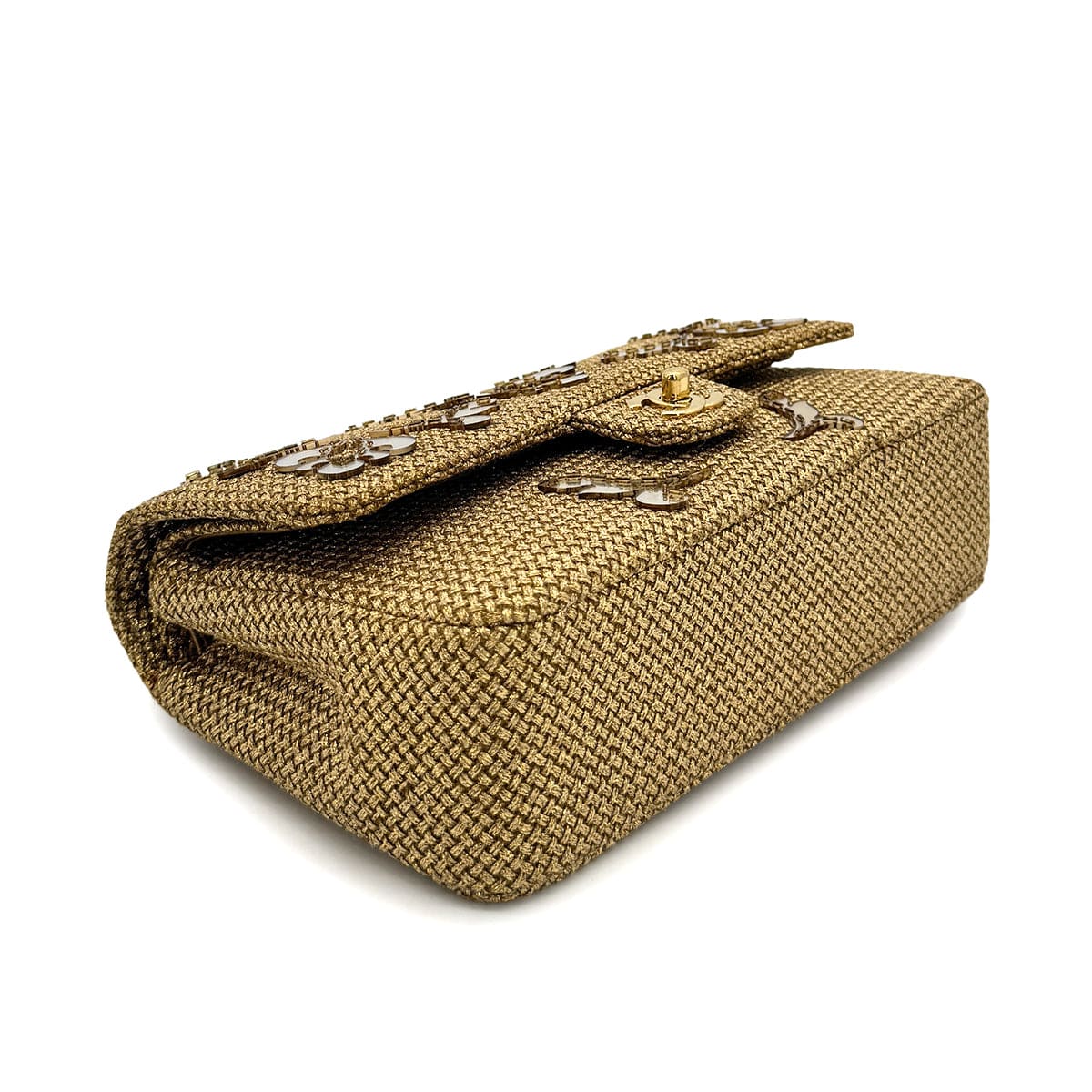 Luxury Promise Japan CHANEL MATELASSE FLORAL MOTIF MIRROR CRUISE COLLECTION CHAIN SHOULDER BAG GOLD EMBELLISHED RAFFIA 90294979