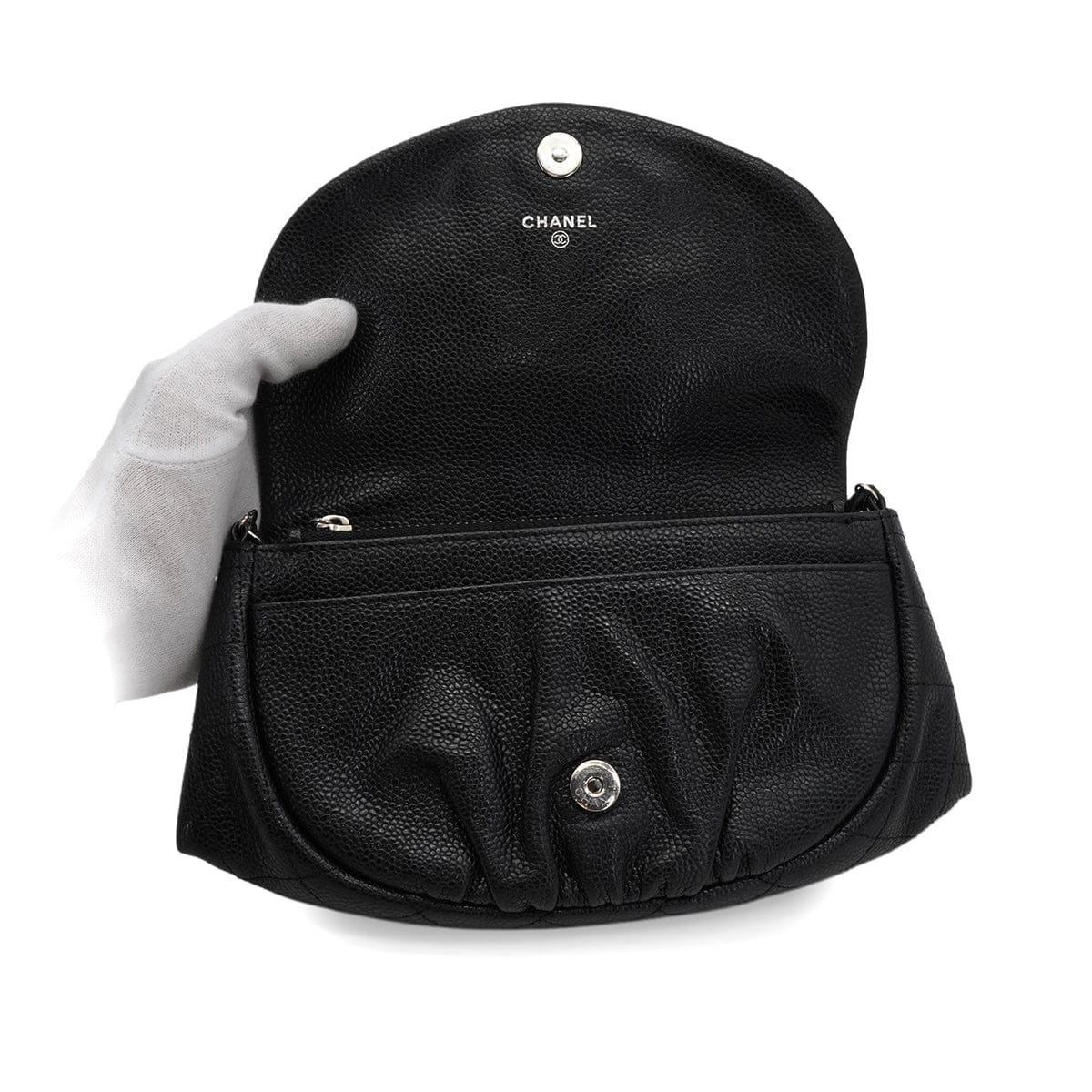 Luxury Promise Japan CHANEL MATELASSE HALF MOON CHAIN SHOULDER BAG BLACK CAVIAR SKIN SILVER HARDWARE 90343936