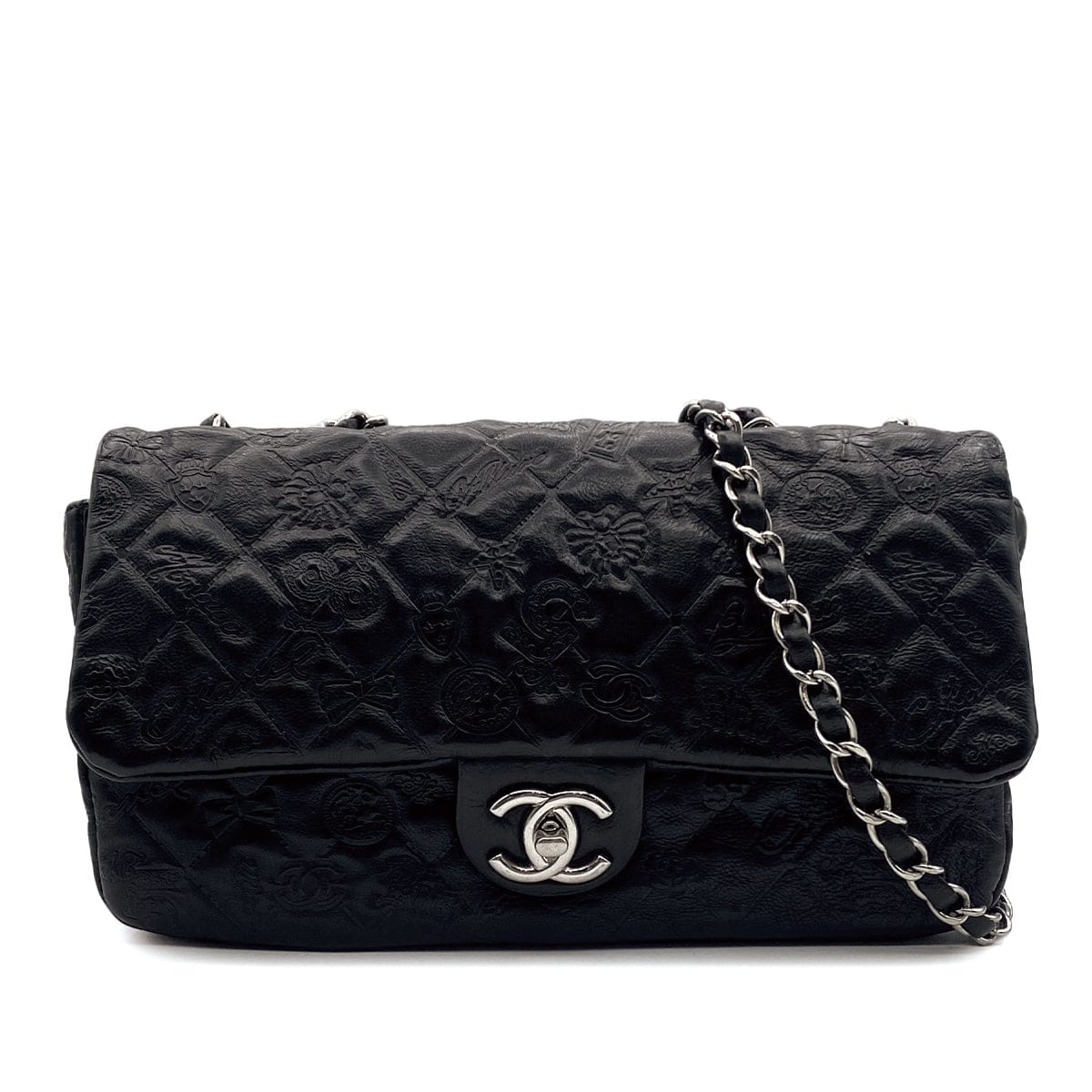Luxury Promise Japan CHANEL MATELASSE ICON MOTIF CHAIN SHOULDER BAG BLACK LAMB SKIN SILVER HARDWARE 90314751