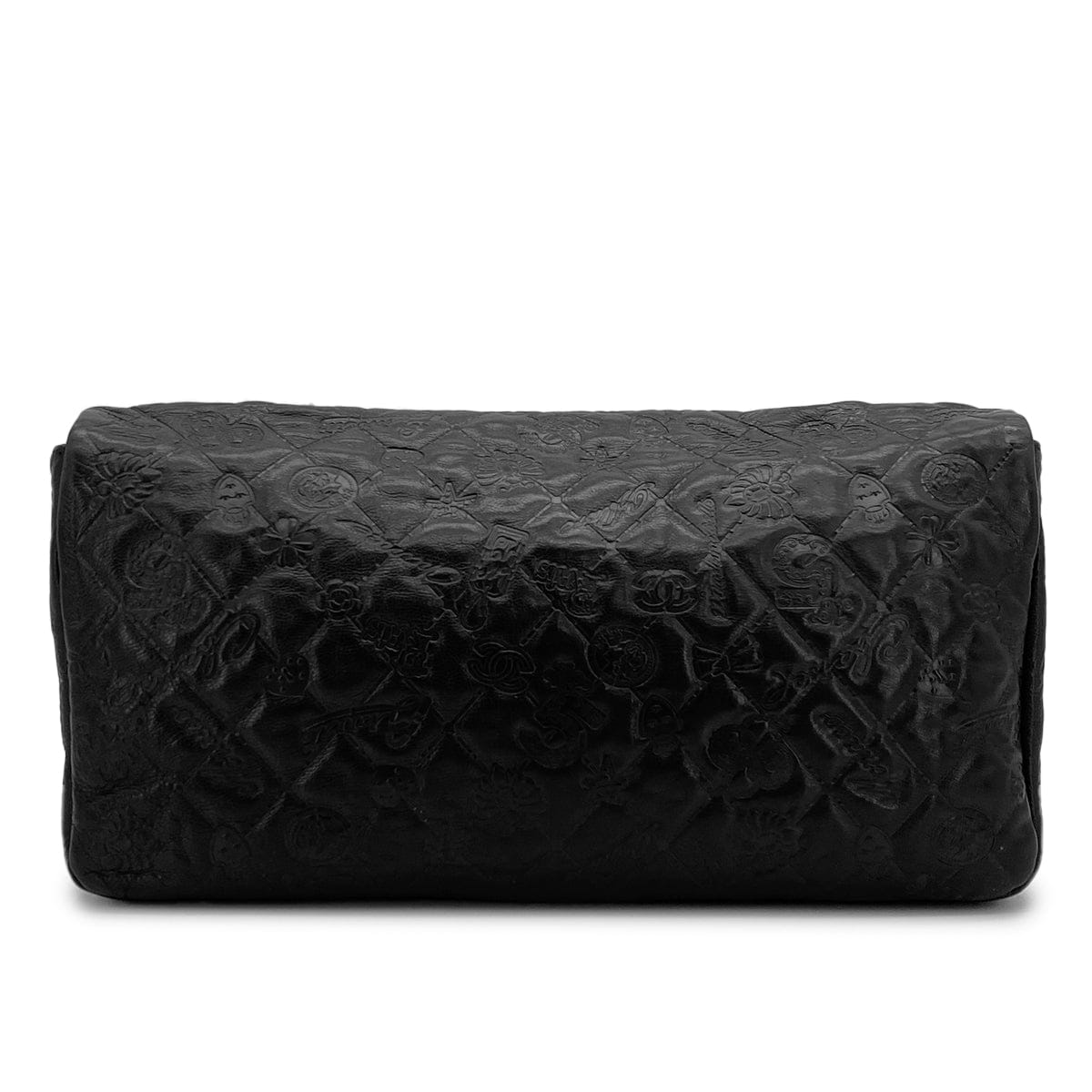 Luxury Promise Japan CHANEL MATELASSE ICON MOTIF CHAIN SHOULDER BAG BLACK LEATHER SILVER HARDWARE 90315022