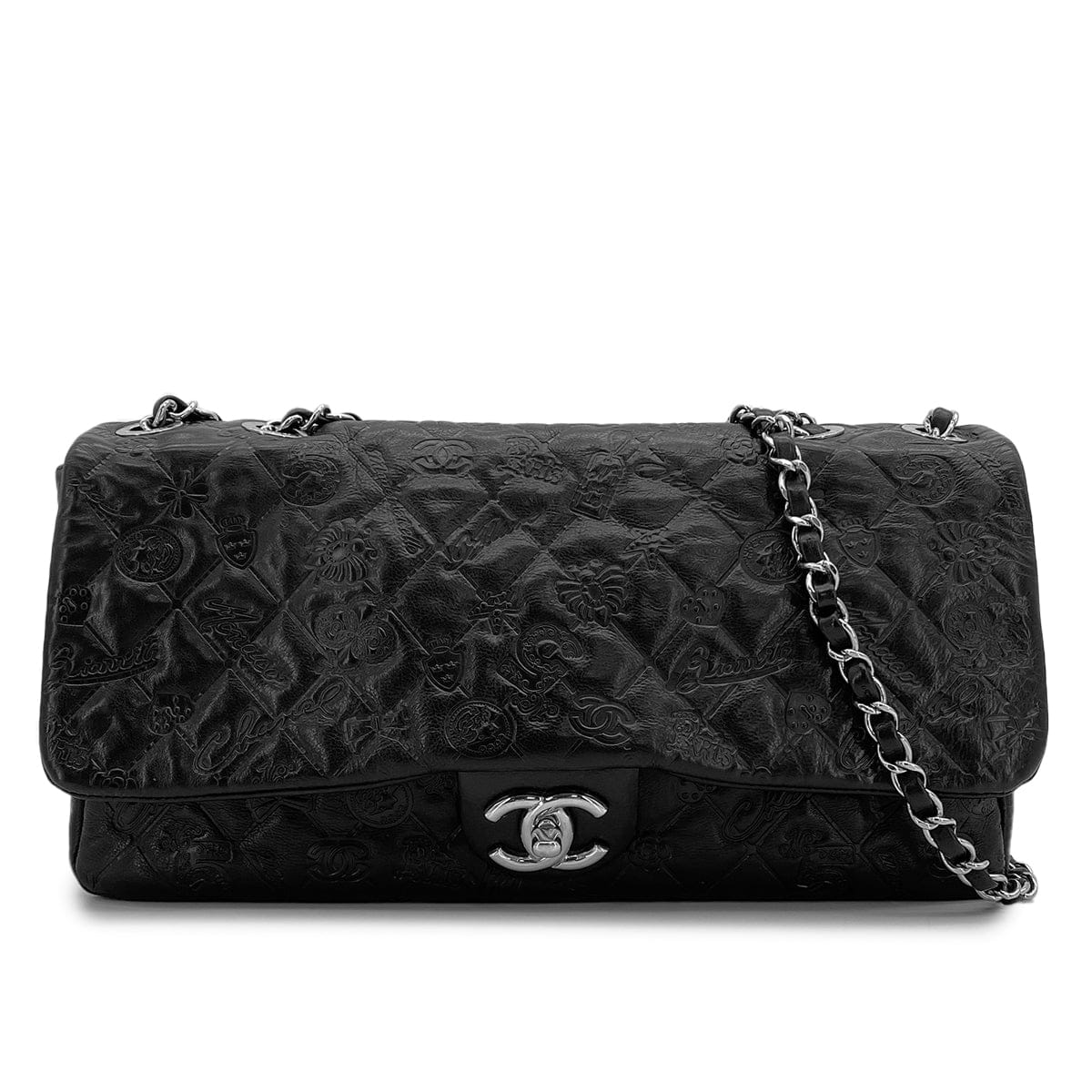 Luxury Promise Japan CHANEL MATELASSE ICON MOTIF CHAIN SHOULDER BAG BLACK LEATHER SILVER HARDWARE 90315022