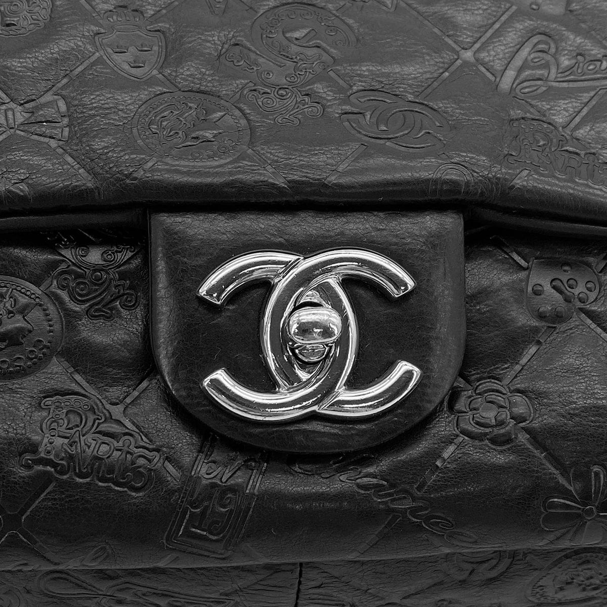 Luxury Promise Japan CHANEL MATELASSE ICON MOTIF CHAIN SHOULDER BAG BLACK LEATHER SILVER HARDWARE 90315022