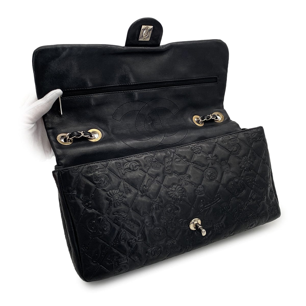 Luxury Promise Japan CHANEL MATELASSE ICON MOTIF CHAIN SHOULDER BAG BLACK LEATHER SILVER HARDWARE 90315022