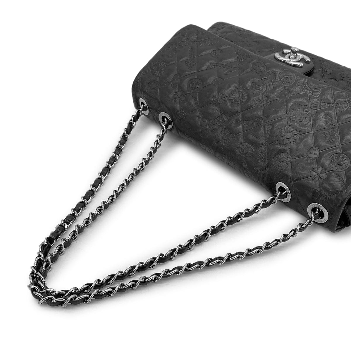 Luxury Promise Japan CHANEL MATELASSE ICON MOTIF CHAIN SHOULDER BAG BLACK LEATHER SILVER HARDWARE 90315022